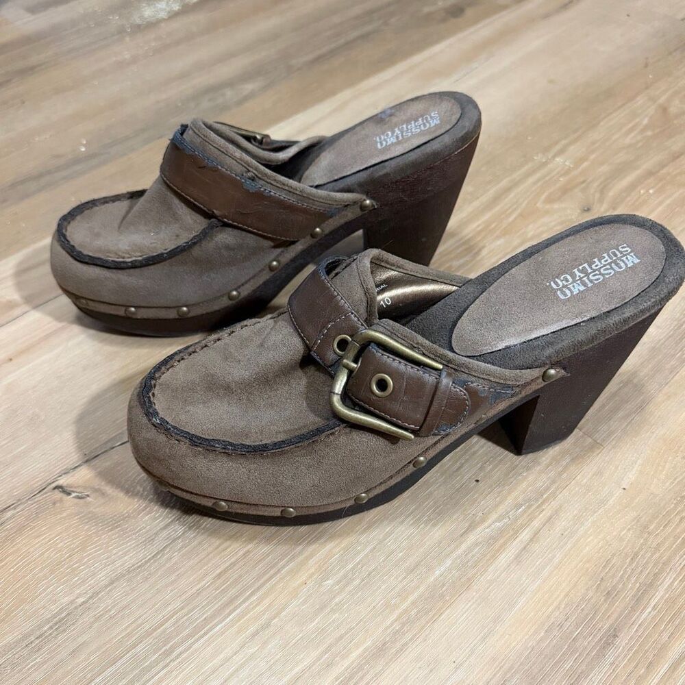 Mossimo Brown Suede Platform Clogs Studded Mules Chunky Leather Boho Chic Retro